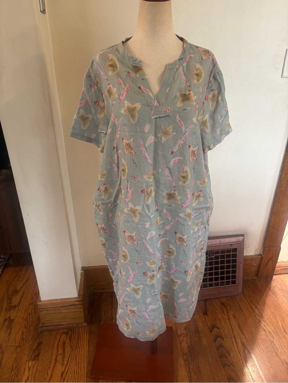 Poetry Coastal Linen Shift Dress Floral Size 14 Blue Lagenlook